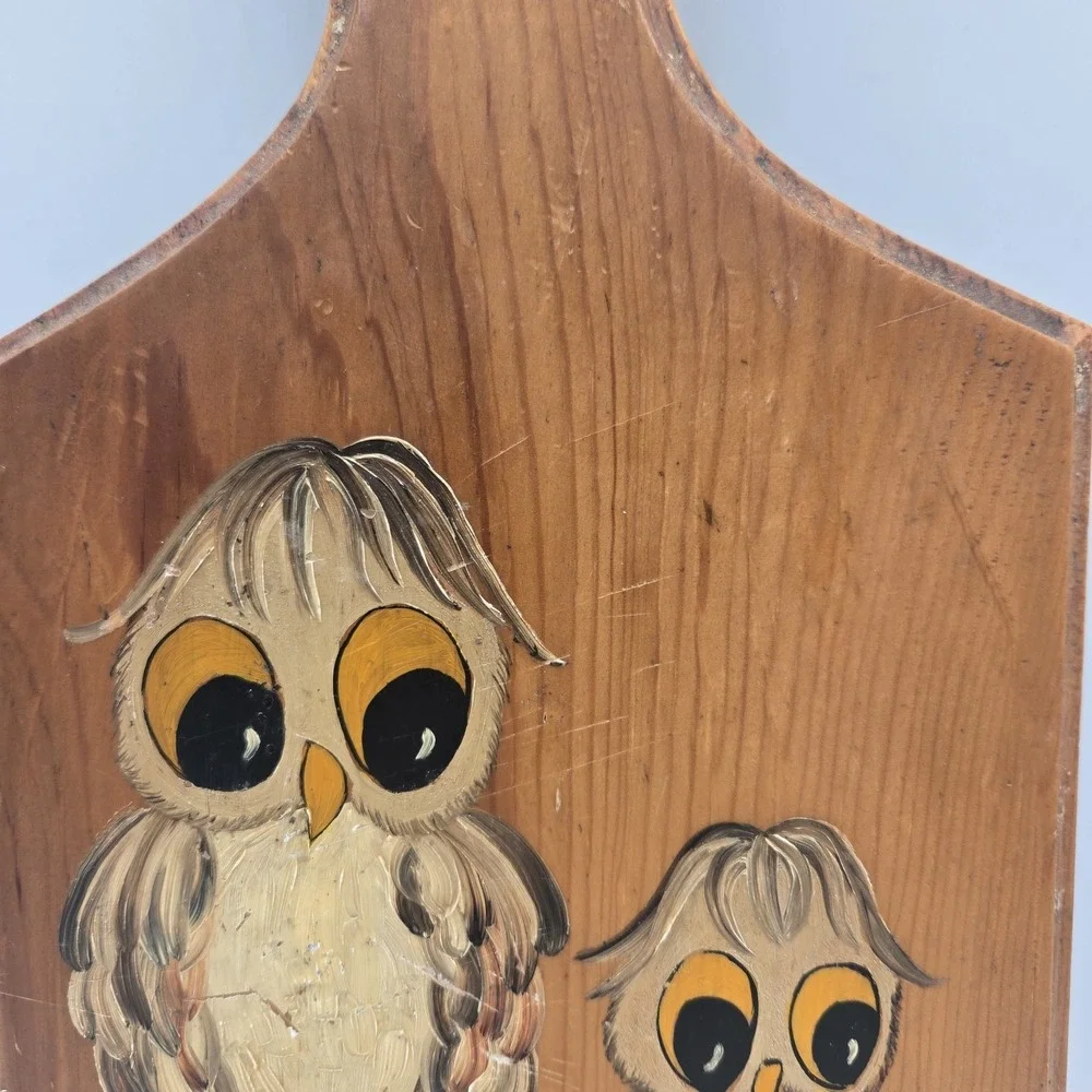 VTG 70's Hand Painted Owls Cutting Board Wooden Wall Decor Signed Grannycore MCM